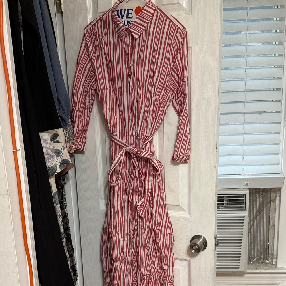 H&M Red and White Striped Maxi Shirt Dress with Tie Waist